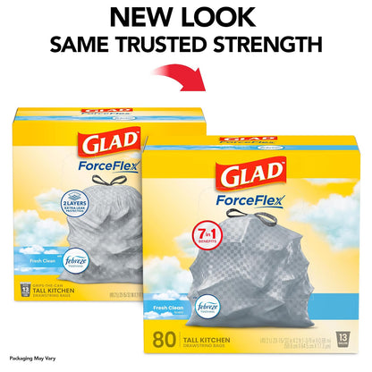 Glad OdorShield Tall Kitchen Drawstring Trash Bags, Fresh Clean, 13 Gallon, 80 Count