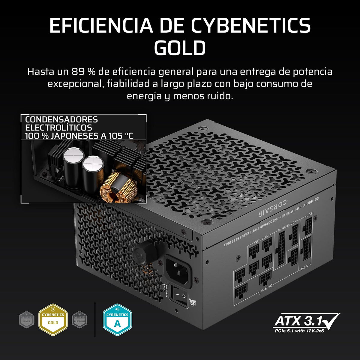 Corsair RM1000x Shift (2025) Fuente de Alimentación ATX Totalmente Modular – Interfaz Lateral Modular, 12V-2x6, ATX 3.1 y PCIe 5.1, Condensadores de 105°C, Cybenetics Gold – Negro