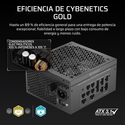 Corsair RM1000x Shift (2025) Fuente de Alimentación ATX Totalmente Modular – Interfaz Lateral Modular, 12V-2x6, ATX 3.1 y PCIe 5.1, Condensadores de 105°C, Cybenetics Gold – Negro