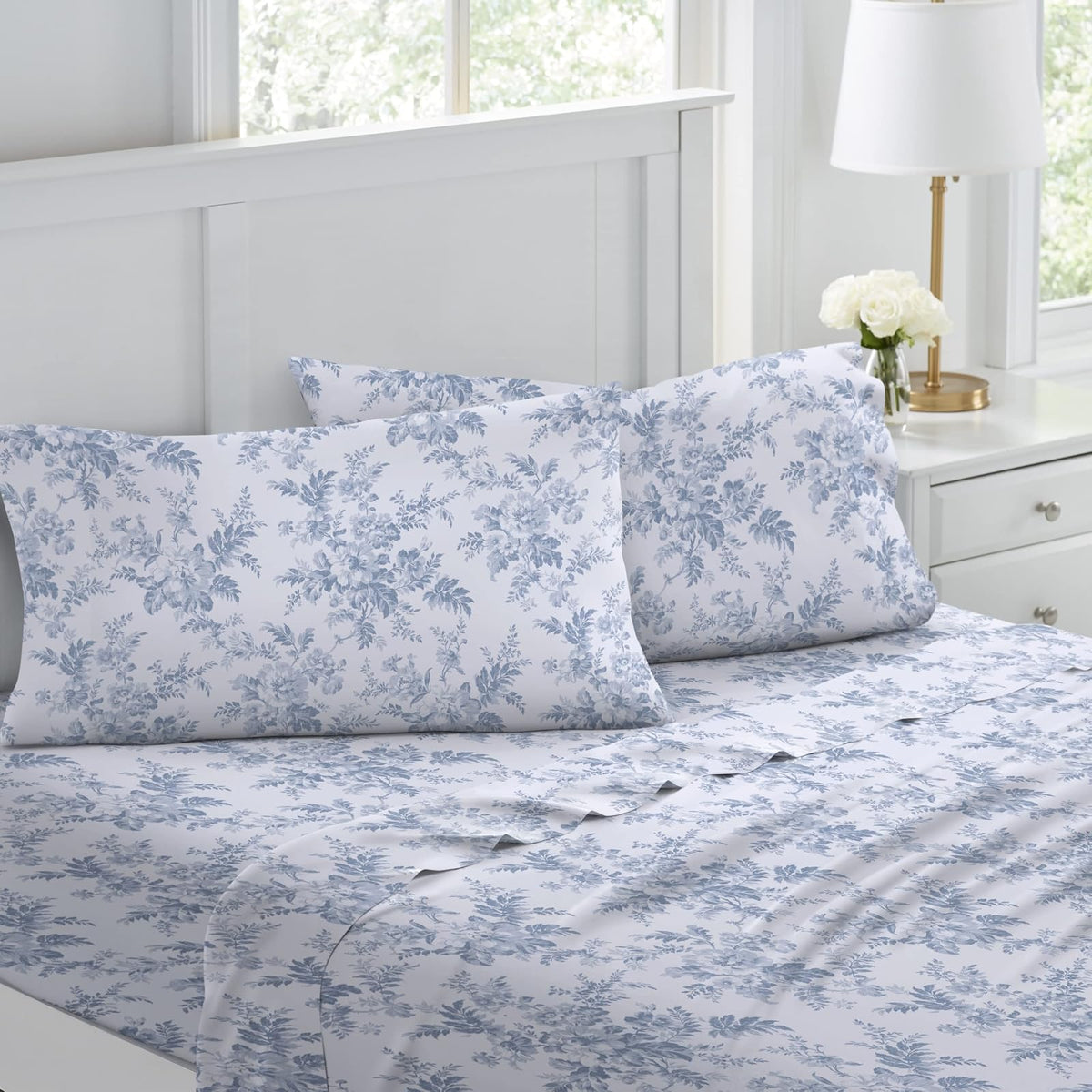 Laura Ashley - Juego de sábanas matrimoniales, Ropa de Cama de Franela de algodón, Cepillado para Mayor suavidad y Comodidad (Azul Vanessa, matrimonial)