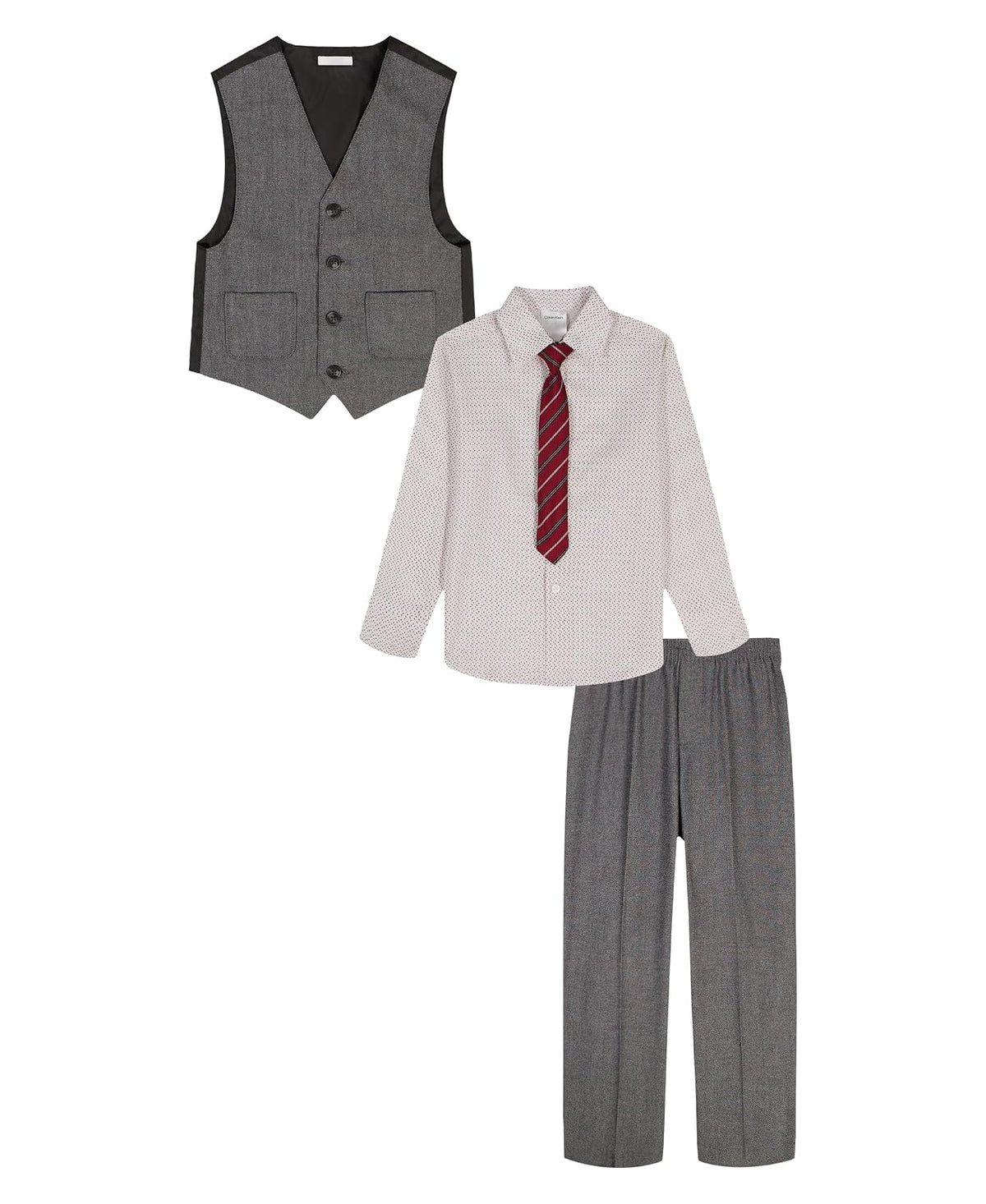 Calvin Klein - Conjunto de Traje Formal de 4 Piezas para niño, Chaleco, Pantalones, Camisa de Vestir con Cuello y Corbata