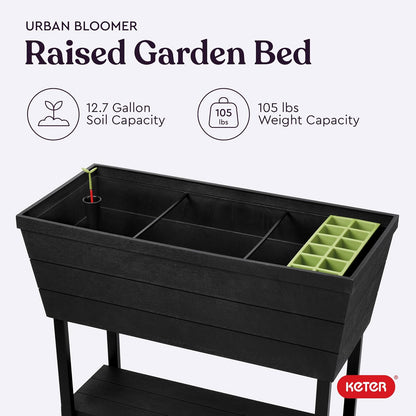 Keter Urban Bloomer - Maceta de jardín elevada de 12.7 galones y Maceta de jardín con medidor de riego automático y tapón de Drenaje, Gris Oscuro