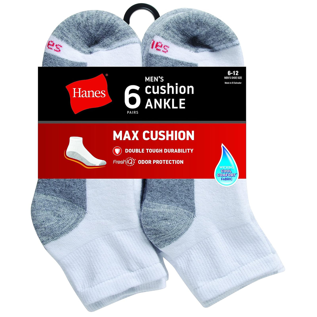 Hanes Men's Comfortblend Max Cushion 6-Pack White Ankle Socks, Blanco