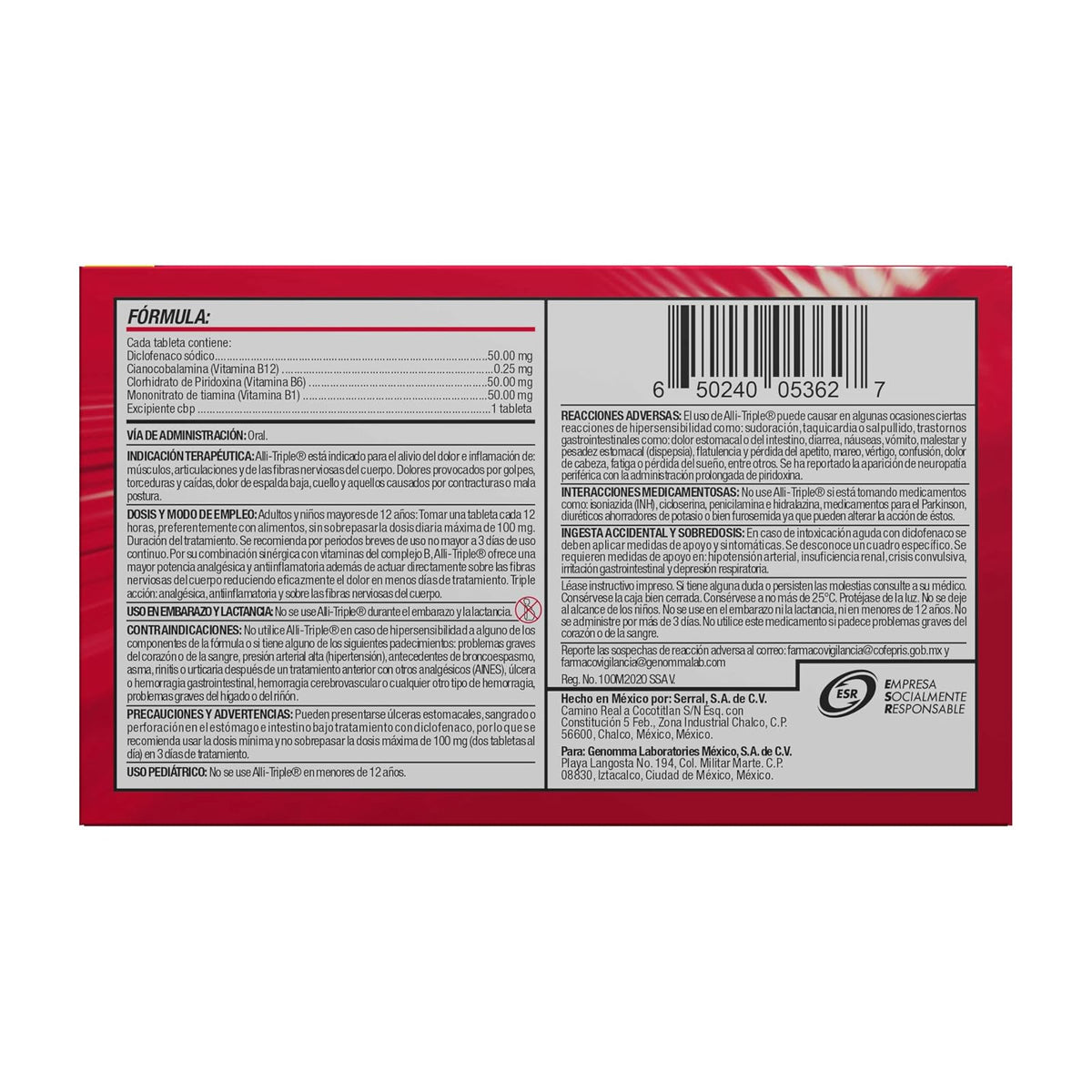 Alliviax ALLITRIPLE Alivio triple: ciática, lumbar y cervical, Alivia el dolor e inflamación de músculos, articulaciones y fibras nerviosas, con diclofenaco y complejo b, Caja con 20 tabletas