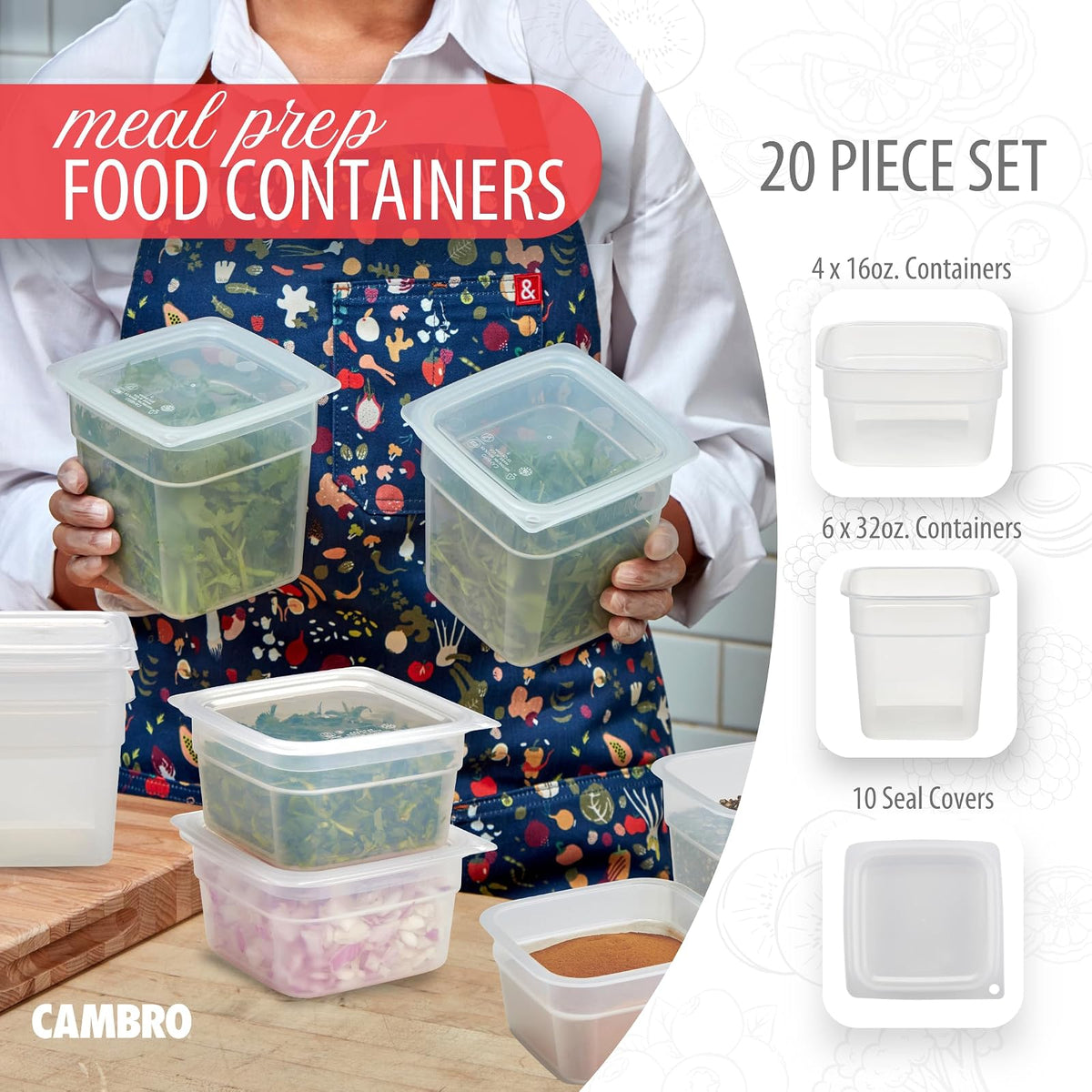 Cambro Recipientes de almacenamiento de alimentos sin BPA con tapas, 16 y 32 onzas, juego de 20 piezas, translúcido