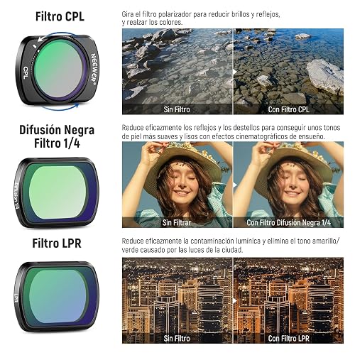 NEEWER Juego Filtro Magnético ND Compatible con dji Osmo Pocket 3 / Pocket 4 / Xtra Muse,CPL ND (8/16/32/64/128/256/1000) ND8/PL ND16/PL ND32/PL ND64/PL LPR Difusión Negra 1/4