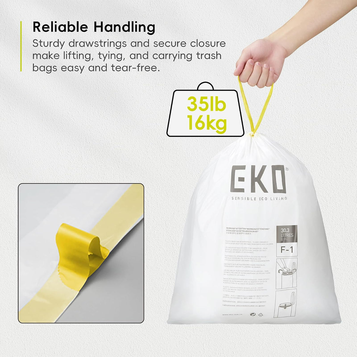 EKO - Bolsas de basura de 8 galones, 30.3 litros, 100 unidades con cordón, bolsas de basura extrafuertes, sin perfume, rollo fácil de dispensar para cocina y uso doméstico, resiste desgarros, fugas y