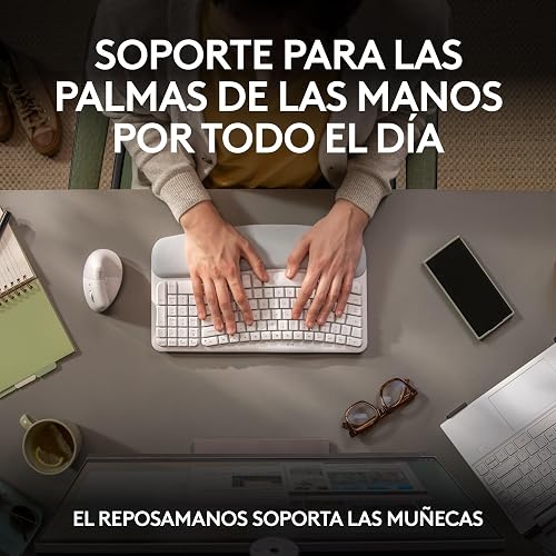 Logitech Wave Keys, Teclado ergonómico inalámbrico con reposamanos Acolchado, Escritura Confortable y Natural, Easy-Switch, Bluetooth, Logi Bolt, multisistema, Windows/Mac - Blanco
