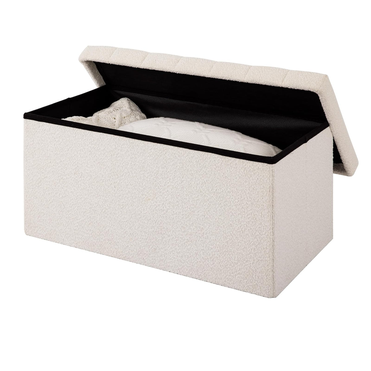 Seville Classics Cushioned Fabric Ottoman Hidden Storage Chest Footrest Chair, Padded Seat for Bedroom, Dorm, Loft, Living Room, Entryway, Hallway, White Boucle, 30" Bench