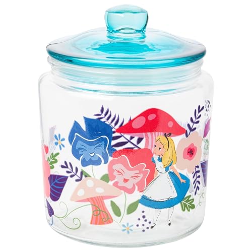 Silver Buffalo Disney Alicia en el País de las Maravillas Tarro de Vidrio | 30 oz, flores y champiñones, tapa azul, vidrio de alta calidad, solo lavado a mano