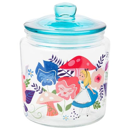 Silver Buffalo Disney Alicia en el País de las Maravillas Tarro de Vidrio | 30 oz, flores y champiñones, tapa azul, vidrio de alta calidad, solo lavado a mano