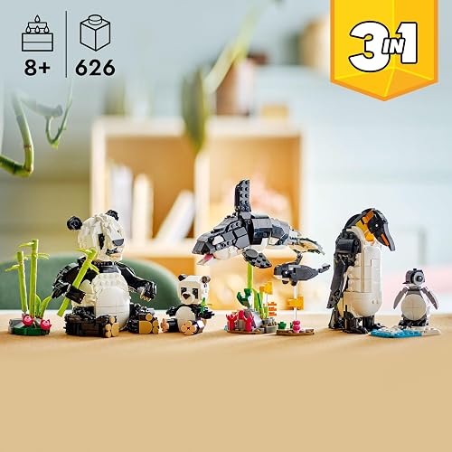 LEGO® Creator 3en1 Fauna Salvaje: Familia de Pandas Jueguete de construcción transformable en Figuras de orcas o en pingüinos, Regalo para niñas y niños de 8 años o más 31165