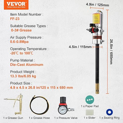 VEVOR Bomba de Grasa Neumática de Alta Presión, Relación de Presión 50:1 Bomba de Cubo Neumática con Manguera de 4 m y Pistola de Grasa, 125 x 115 x 680 mm, 0,6-0,8 MPa, -20 ℃ a 100 ℃, Negro