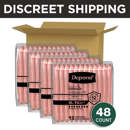 Depend Night Defense - Ropa interior de incontinencia para adultos, desechable, durante la noche, extragrande, rubor, 48 unidades, el embalaje puede variar