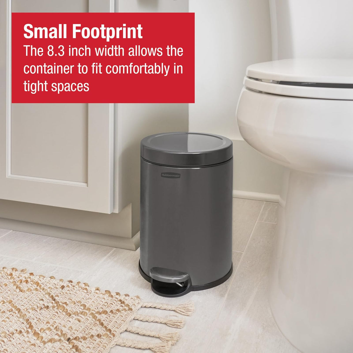 Rubbermaid – Cesto Redondo con Pedal para Baño, Recámara y Oficina en Casa, Bote de Acero Inoxidable Resistente a Huellas con Liner Interno Removible, Capacidad de hasta 6 L, Gris Carbón 2179250