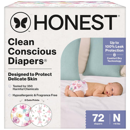 The Honest Company Clean Conscious Pañales para piel delicada, hasta 100% a prueba de fugas, hipoalergénicos, sin fragancia, estampados para niñas, caja club, tamaño recién nacido, 72 unidades