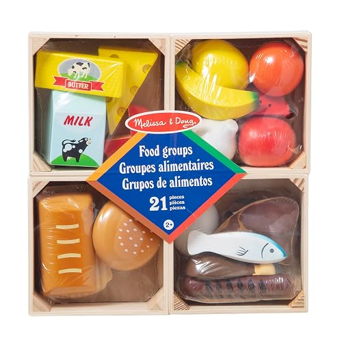 Melissa & Doug Grupos de Alimentos de Juguete, Juguete de Madera, Juego de Imitación (21 Piezas de Madera Pintadas a Mano y 4 Cajones)