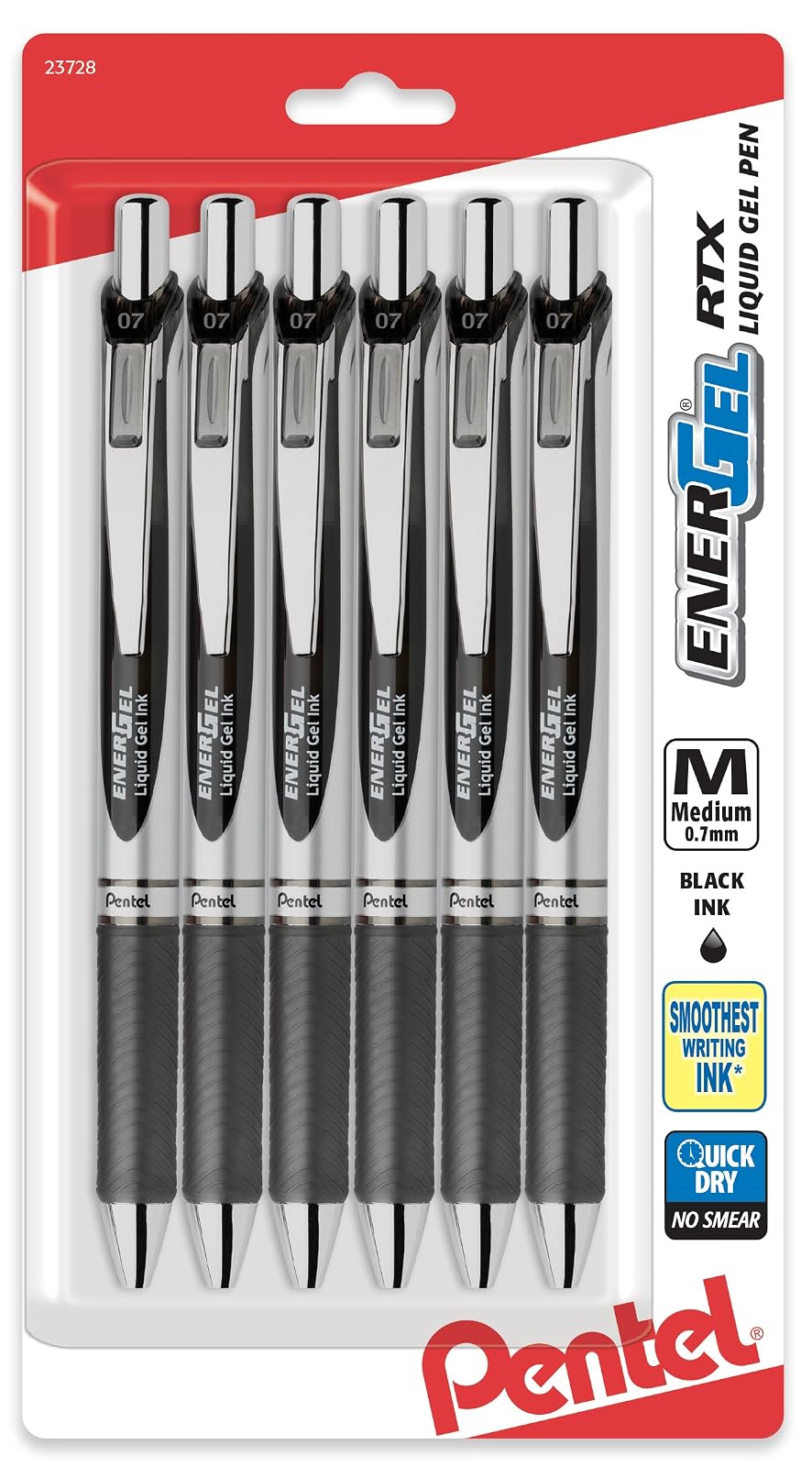 Pentel EnerGel Deluxe RTX Bolígrafo Retráctil de Tinta Gel Líquido, Punta de Metal - 0.7 mm - Negro - 6 Unidad (Paquete de 1)