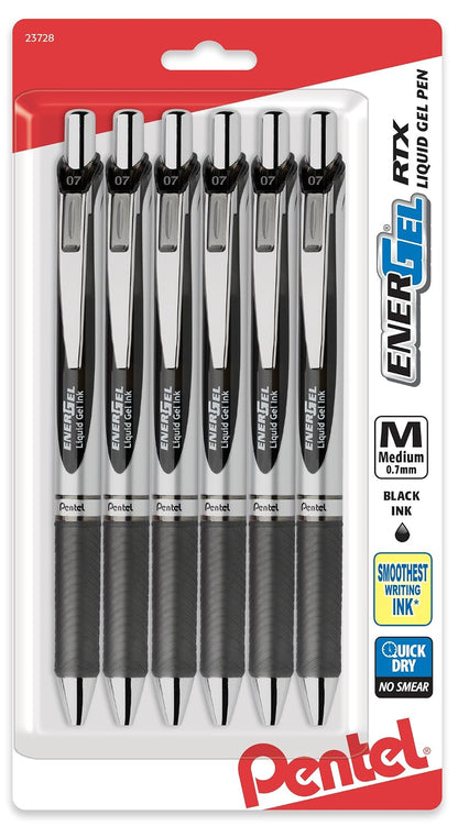 Pentel EnerGel Deluxe RTX Bolígrafo Retráctil de Tinta Gel Líquido, Punta de Metal - 0.7 mm - Negro - 6 Unidad (Paquete de 1)