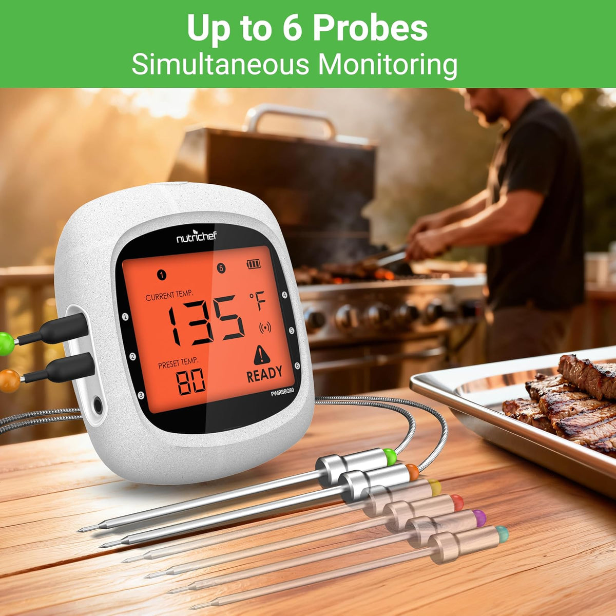 NutriChef Smart Bluetooth barbacoa termómetro w/pantalla digital - inoxidable Dual sondas seguro a dejar en al aire libre barbacoa carne ahumador - PWIRBBQ80