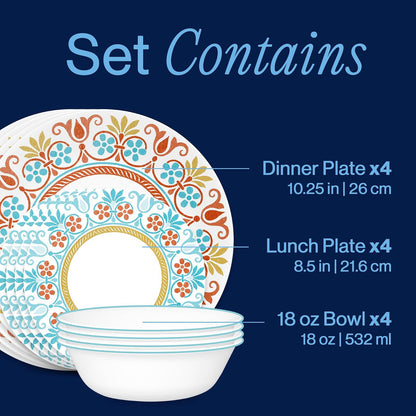 Corelle Global Collection Vitrelle - Juego de vajilla de 12 piezas, vidrio reciclado de triple capa, juego de platos y cuencos redondos ligeros y ecológicos, Terracotta Dreams