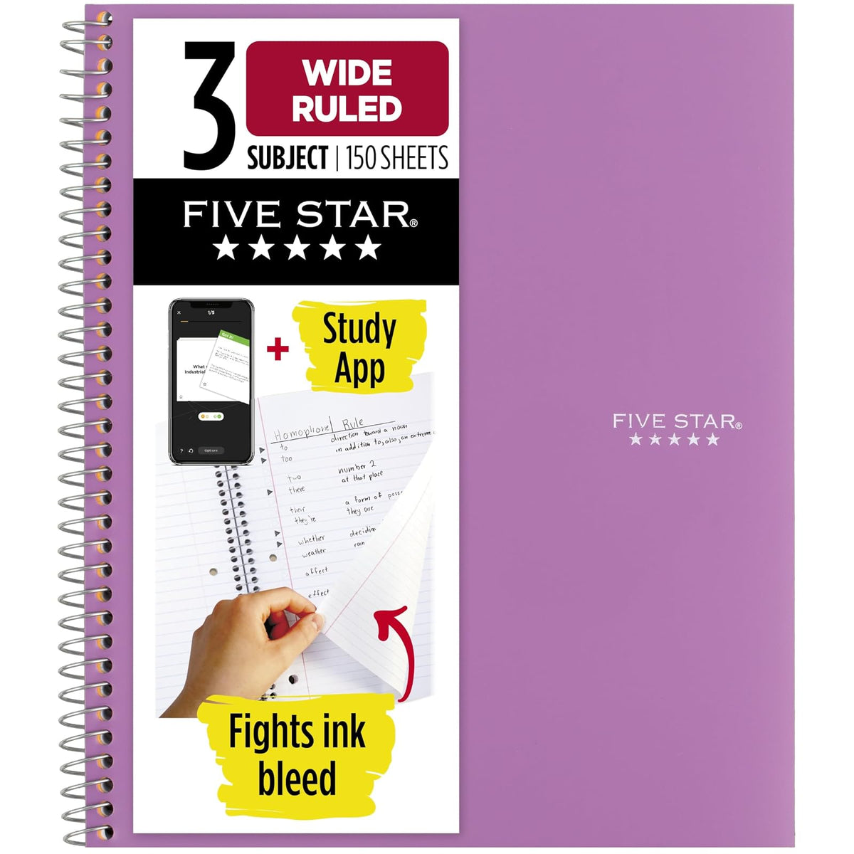 Five Star Cuaderno Espiral 3 Materias Raya Ancha 150 Hojas - Púrpura - Paquete de 1