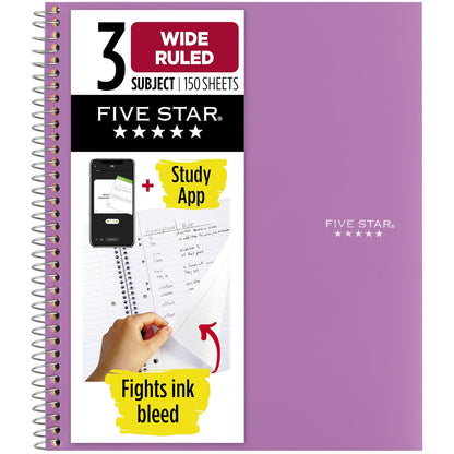 Five Star Cuaderno Espiral 3 Materias Raya Ancha 150 Hojas - Púrpura - Paquete de 1