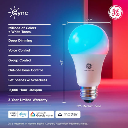 GE Cync - Bombillas LED inteligentes A19, decoración de habitación, luces WiFi estéticas que cambian de color, foco LED interior, compatible con Alexa y Google (paquete de 2)