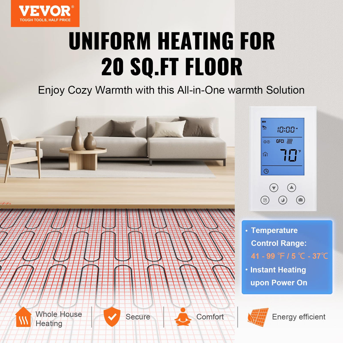 VEVOR - Alfombrilla para calefacción de piso, 20 metros cuadrados Sistema eléctrico radiante en el piso con termostato digital de detección de piso, incluye monitor de instalación, parte trasera adhesiva para una fácil instalación en el piso