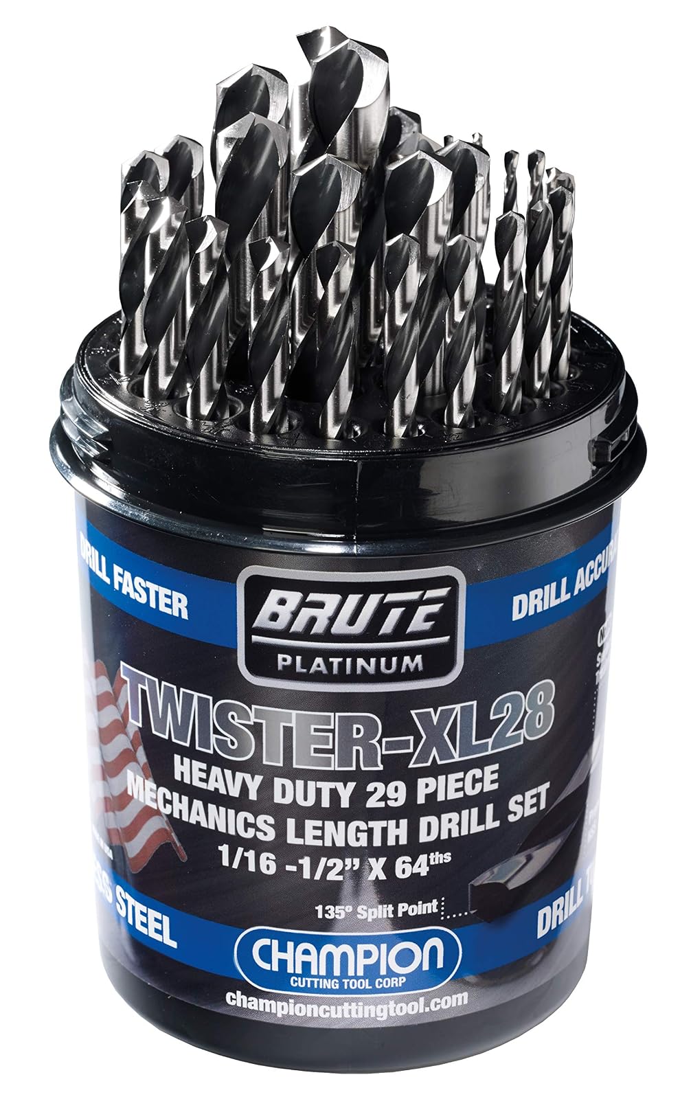 Champion Herramienta de corte Brute Platinum 29 piezas de 1/16-1/2 pulgadas x 64 HSS longitud mecánica Twister-XL28 juego de brocas de 135 grados, punto de división resistente al agua, hecho en