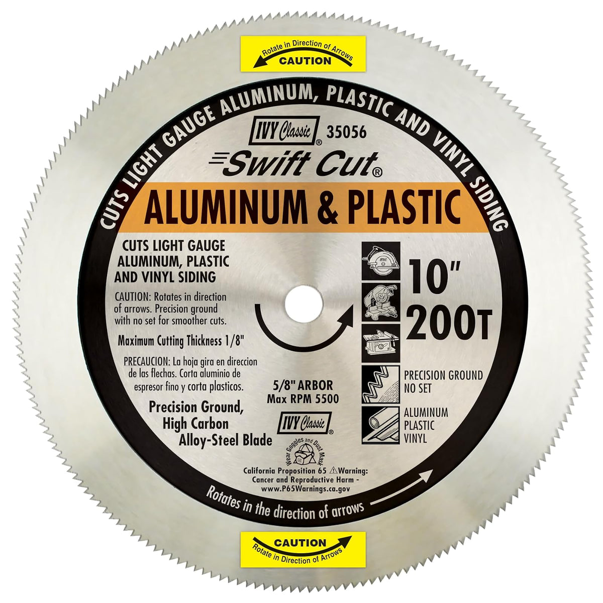 IVY Classic 35056 10" 200 dientes de aluminio y plástico Hoja de sierra circular de corte rápido con eje de 5/8 pulgadas, 1/Tarjeta - 10” – 200 Teeth