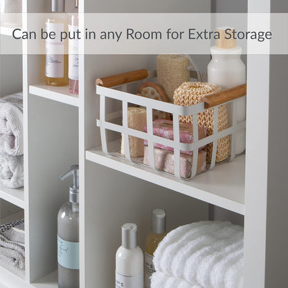 Simplify - Cesta Cuadrada de Metal con Asas de bambú, tamaño Mediano, Cesta de Alambre Estilo Granja | Organizador del hogar, Decorativo, rústico, Blanco