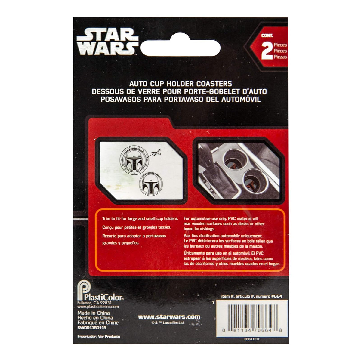 Plasticolor Star Wars Boba Fett Portavasos para Automóvil Camión SUV 2 Unidades Varios Colores 000664R01