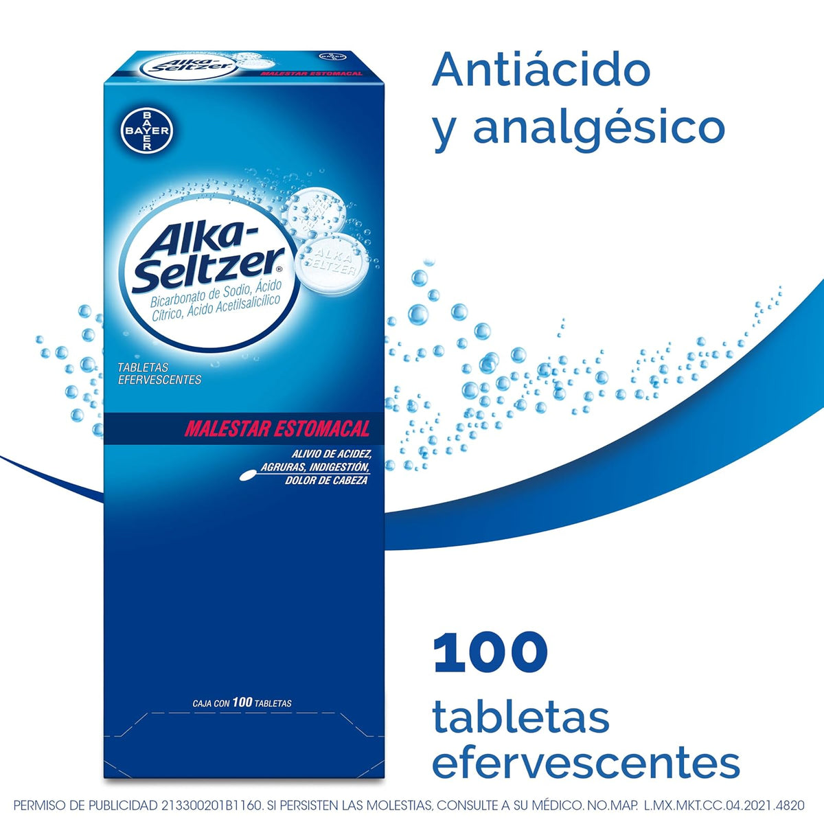 Alka Seltzer Antiácido, Alivio de los Síntomas de Malestares Estomacales como Dolores de Cabeza, Cuerpo y Estómago, 100 Tabletas Efervescentes