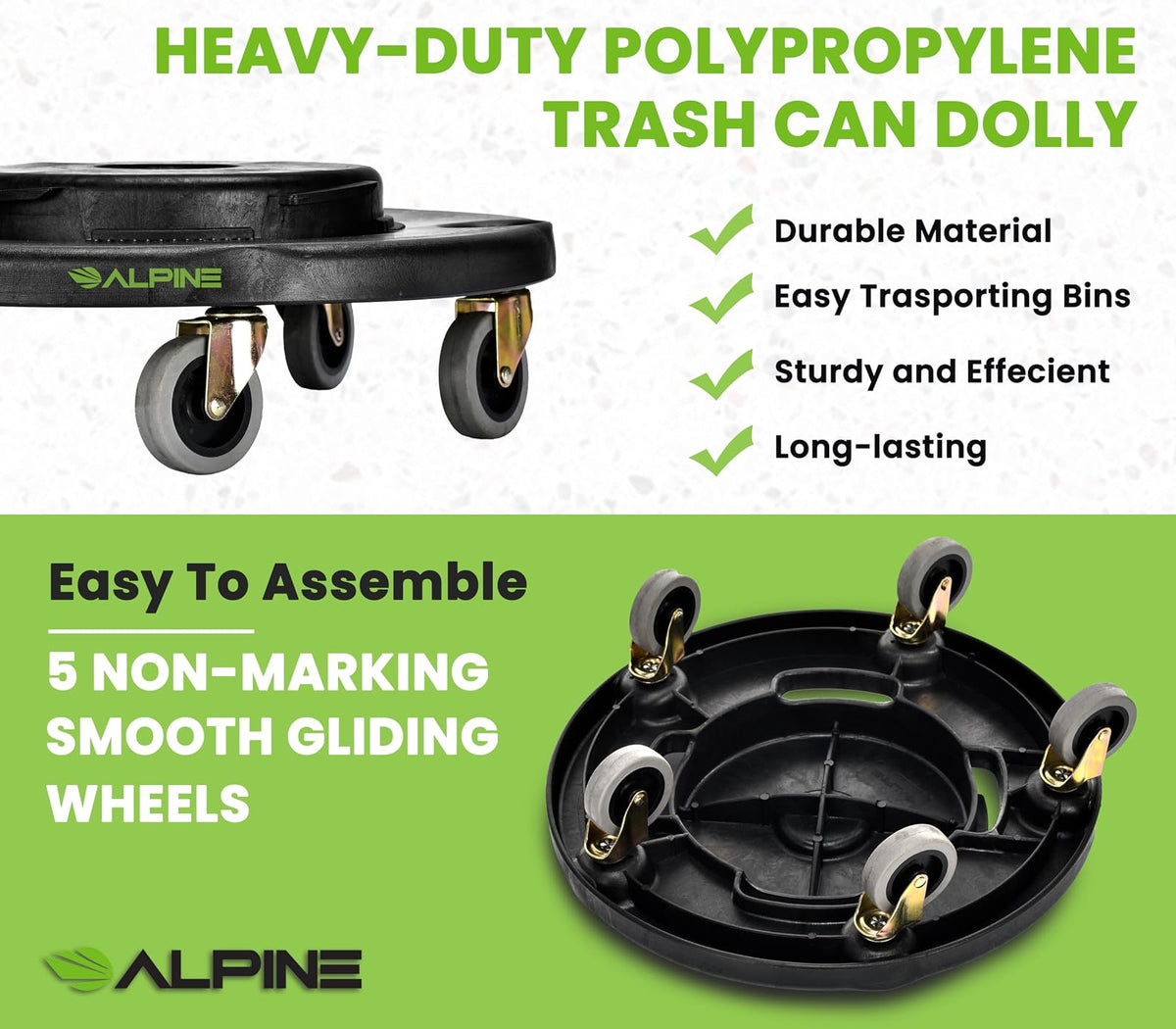 Alpine Rolling Brute - cubeta de Basura con Ruedas/Base de Rodillo para Cubos de Basura Redondos de 20, 32, 44 o 55 galones, Resistente con Capacidad para hasta 500 Libras (Negro)