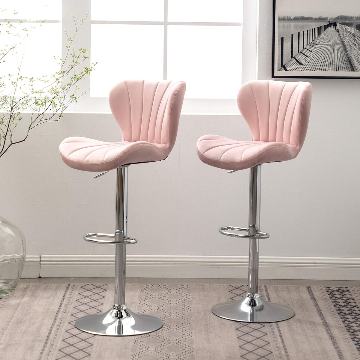 Roundhill Furniture Ellston - Taburetes giratorios de Terciopelo Ajustables en Color Rosa, Juego de 2