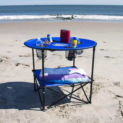 Rio Brands - Mesa de Playa Plegable portátil de Tela Ligera Redonda de 28 Pulgadas con portavasos, Color Azul