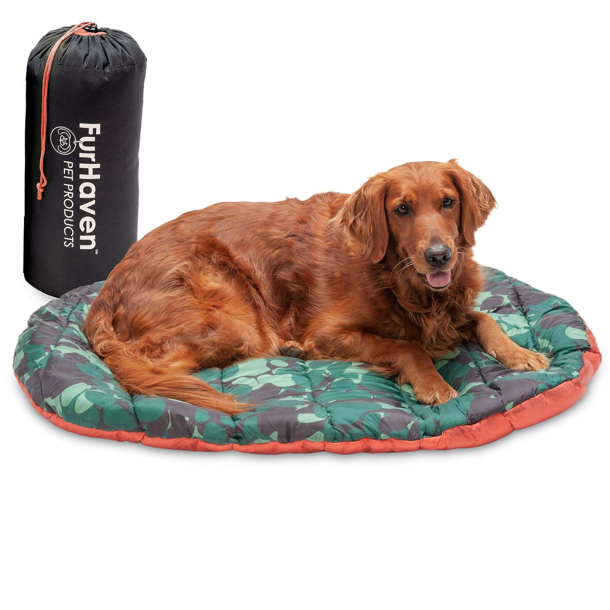 Furhaven Cama Autocalentable de Piel Sintética para Mascotas Pequeñas - Paprika de viaje y Camo-Paw - Large - Cama de viaje con saco de cosas