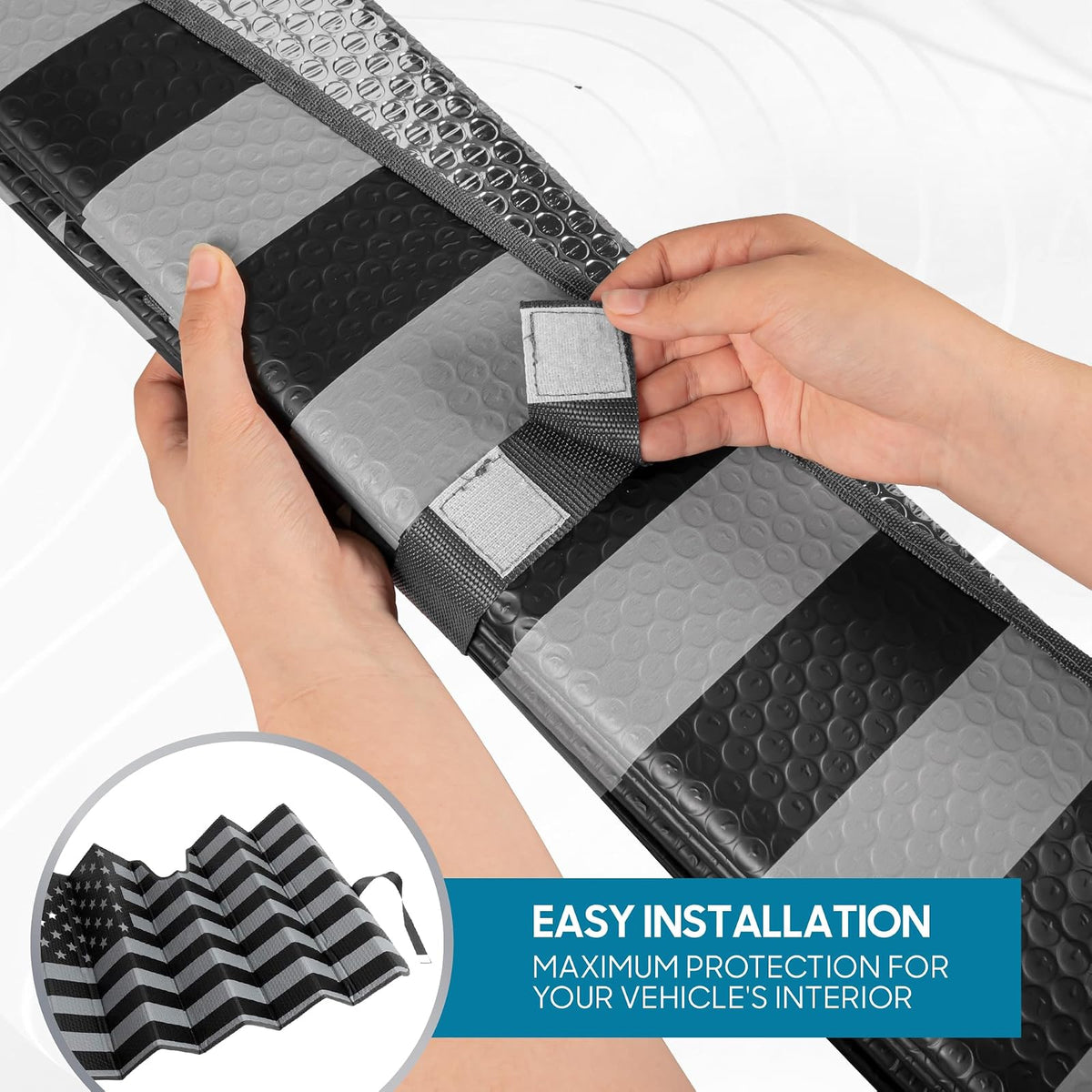 BDK Parasol para parabrisas de la bandera estadounidense para automóvil, camión y SUV, parasol plegable para ventana delantera, protección contra el calor, protector solar del automóvil bloquea los rayos UV y mantiene el vehículo fresco (58 x 27 pulgadas)