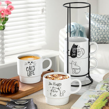 Signature Housewares - Juego de 4 tazas de café apilables con estante de alambre de metal, tazas de café de 15 onzas para café, té, cacao, leche, capuchino, chocolate caliente, vida de gato