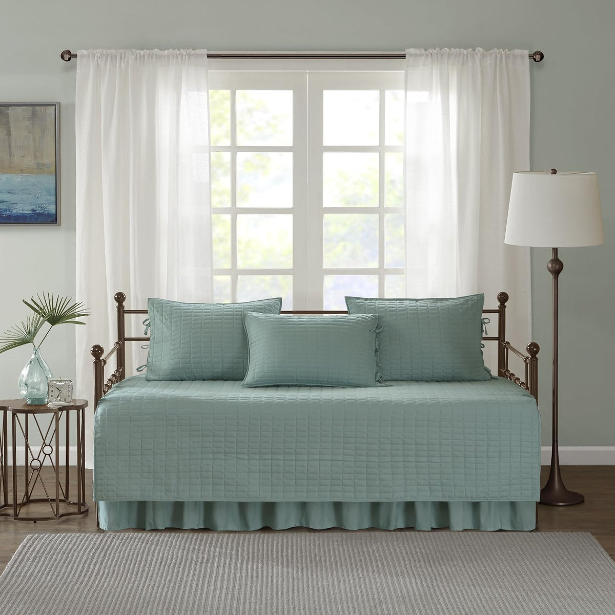 Comfort Spaces Kienna Soft Microfiber Solid Blush Stitched Pattern 5 Piece Quilt Daybed Bedding Sets 75"X39" Inches Seafoam