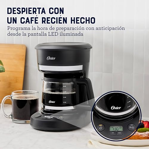 Oster Cafetera de Goteo Programable Capacidad 5 Tazas, Pantalla LED | Función Pausa y Servir, Apagado Automático, Filtro Reutilizable, Jarra con Medidas, Negro,