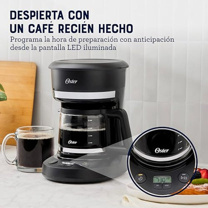 Oster Cafetera de Goteo Programable Capacidad 5 Tazas, Pantalla LED | Función Pausa y Servir, Apagado Automático, Filtro Reutilizable, Jarra con Medidas, Negro,