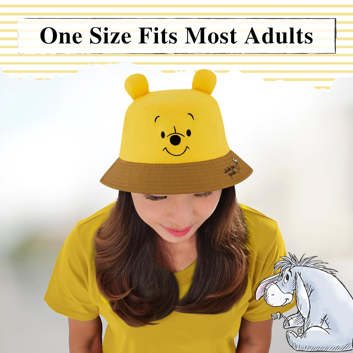 Concept One Sombrero Disney Winnie The Pooh Viaje | Plegable, Orejas de Oso 3D, Talla única, Color Amarillo Miel, Ala ancha, 100% algodón