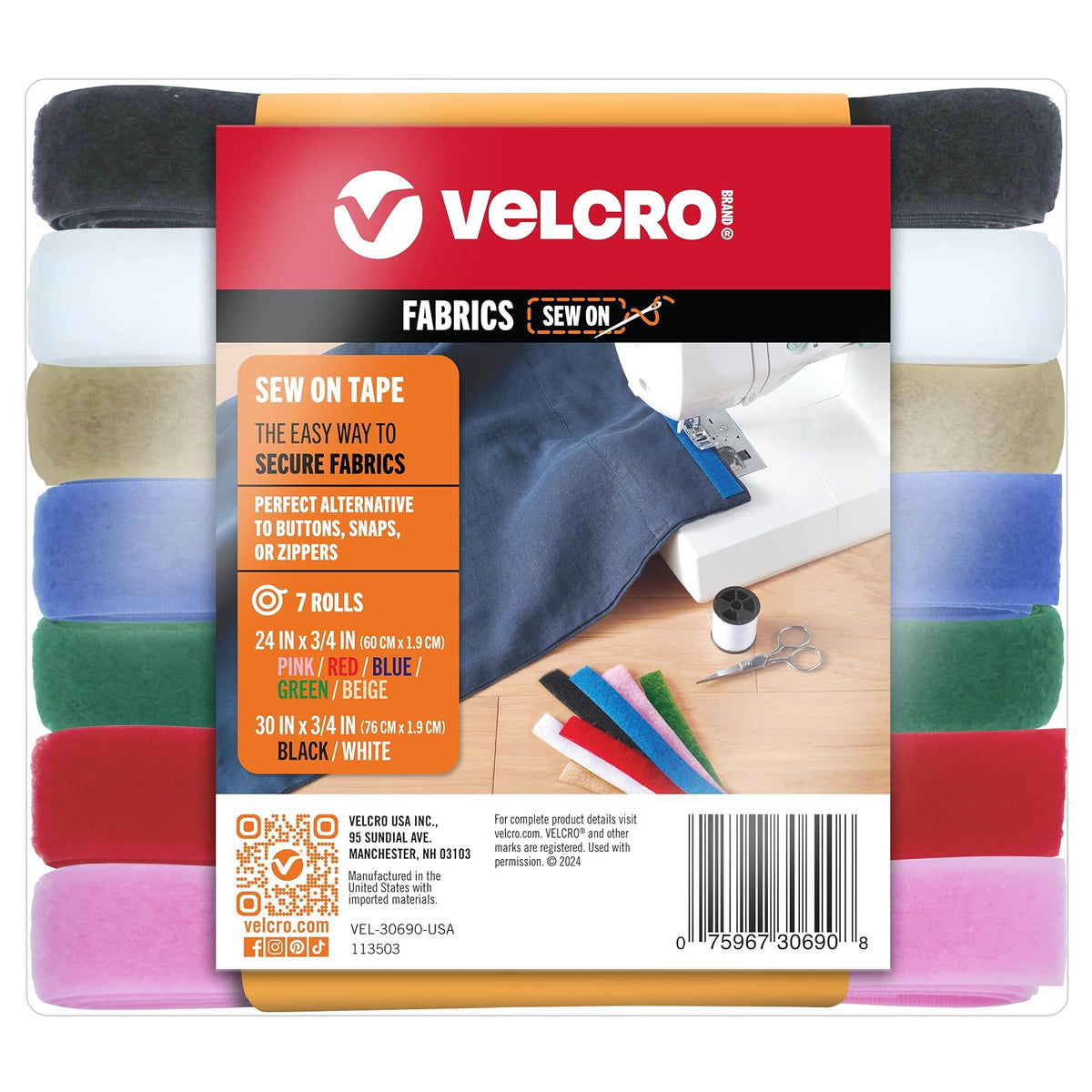 VELCRO Cinta de Velcro para Coser en Tela - 7 colores - 15ft x 3 - 4 in