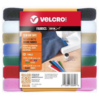 VELCRO Cinta de Velcro para Coser en Tela - 7 colores - 15ft x 3 - 4 in