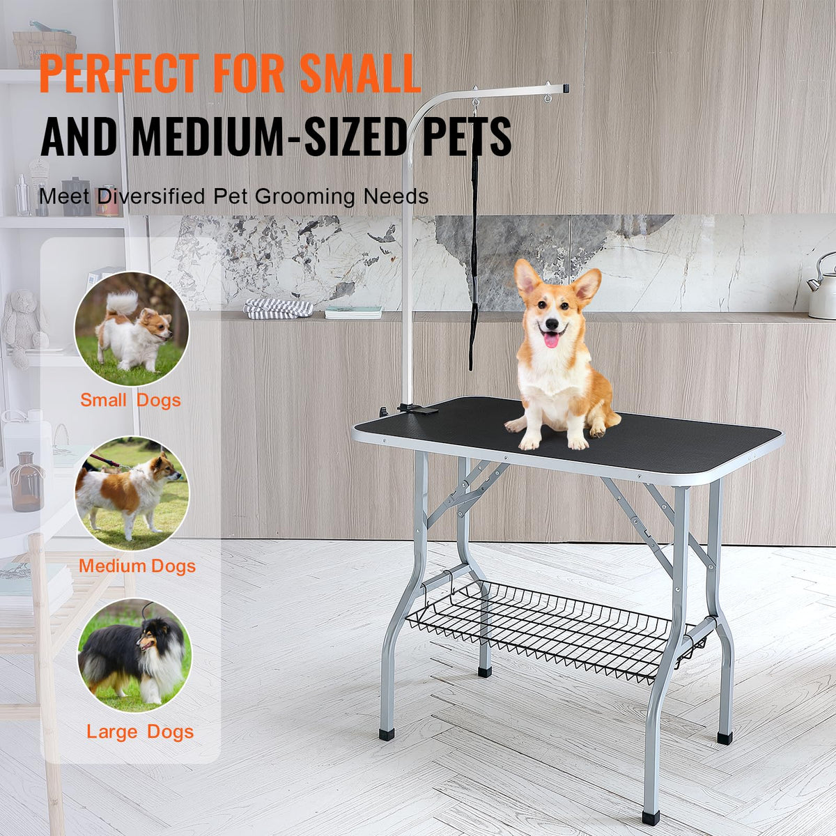 VEVOR Mesa Plegable de Aseo para Mascotas Mesa de 914,4x609,6 mm Mesa de Aseo para Perros Capacidad de Carga de 149,7 kg Mesa de Peluquería para Perros de Acero Inoxidable con 1 Pinza 2 Cuerdas 1 Asa