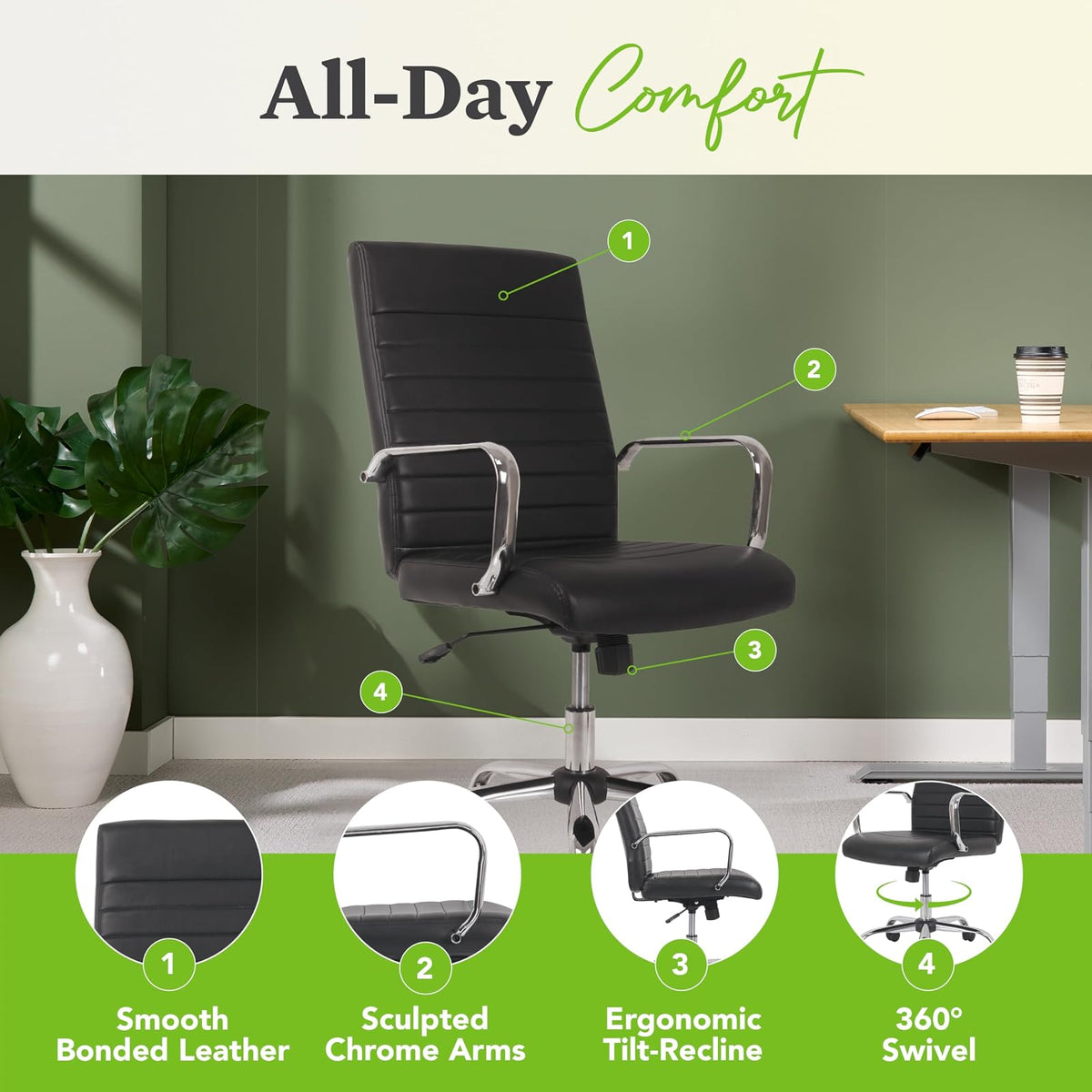 HON Sadie Executive Computer Chair- Fixed Arm for Office Desk, Black Leather with Chrome Accents (HVST511)
