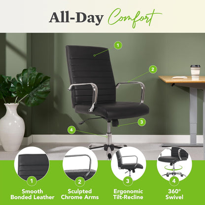 HON Sadie Executive Computer Chair- Fixed Arm for Office Desk, Black Leather with Chrome Accents (HVST511)