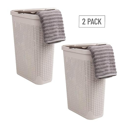 Mind Reader 40L Slim Laundry Hamper, Clothes Basket, Lid, Wicker Design, Plastic, 18" L x 10.4" W x 23.5" H, Set of 2, Ivory